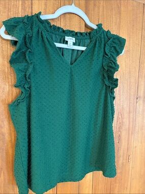 J. Crew Forest Green Textured Ruffle Sleeve Blouse